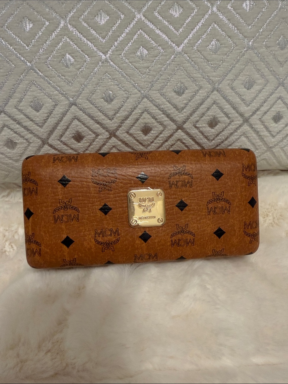 MCM Cognac Visetos Logo Continental Eyeglass Case with Gold Plaque